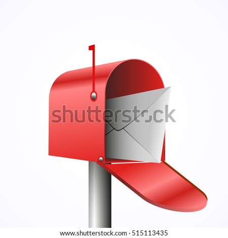 3d illustration of opened red mailbox with envelope, isolated on white, vector