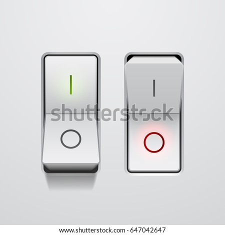 Set of realistic toggle switches in on and off positions, vector button illustration