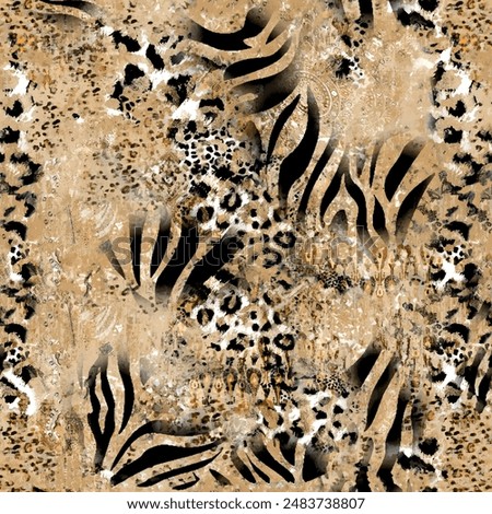 Seamless animal pattern with abstract zebra, wild tiger, leopard skin background elements in brown and black colors