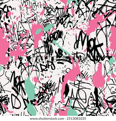 Seamless writing pattern with isolated abstract hand drawn art brush background elements in pink, green and black color. Graffiti handwritten pattern design vector