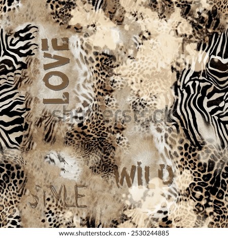 Seamless zebra, tiger leopard skin pattern with brown and black color hand drawn art abstract text and handwritten background elements