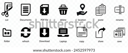 Cut, copy, paste, rename, share, save and delete, laptop, location,  simple icon  set symbol collection in line and  fill style, 