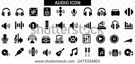 Audio icon set. Containing headphones, sound, music, volume, earphones, equalizer and speaker icons. Solid icon collection. Vector illustration.
