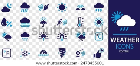 Weather icon set. Containing temperature, sun, rain, snow, cloud, humidity, summer, winter, spring, cloudy and rainy season. Climate symbol. Solid icon collection.