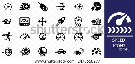 Speed icon set. Containing fast, slow, movement, productivity, indicator, turbo, speeding, gauge, express and speedometer icons. Solid icon collection. Vector illustration.