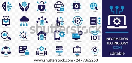 Information Technology icon set. Containing cloud computing, IT manager, big data, data analytics, internet, network security and more. Solid vector icons collection