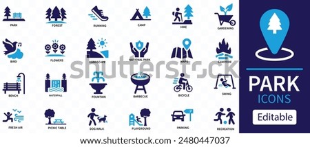 Park icon set. Containing forest, barbecue, camp, bench, picnic and playground icons. Park leisure and outdoor activity symbols. Solid icon collection.