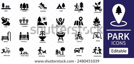 Park icon set. Containing forest, barbecue, camp, bench, picnic and playground icons. Park leisure and outdoor activity symbols. Solid icon collection.