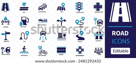 Road icon set. Containing street, highway, traffic light, signpost, directions, parking, route, GPS, drive, crosswalk, intersection and roundabout symbol. Solid icon collection.