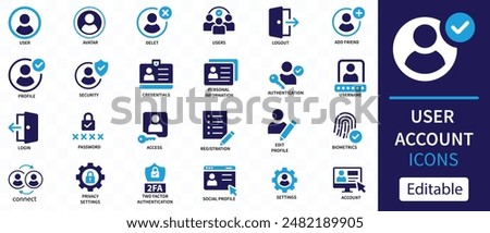 User account icon set. Containing profile, password, login, username, avatar, connect, add friend and more. Solid vector icons collection.