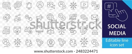 Social media outline icon set. Containing like, share, social network, comment, profile, connection, networking, friends and more. Line icons vector collection.