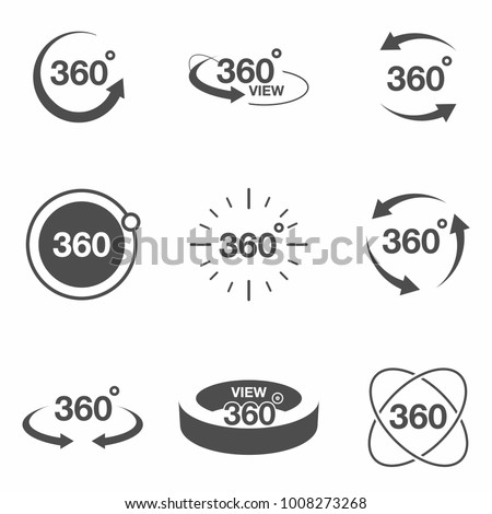 360 degree view related icon set. Signs and arrows for indicate the rotation and panorama, VR technology icons. Vector