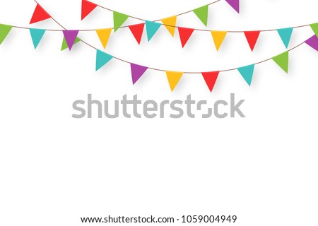 Carnival garland with flags. Decorative colorful party pennants for birthday celebration, festival and fair decoration. Holiday background with hanging flags. Vector Foto d'archivio © 