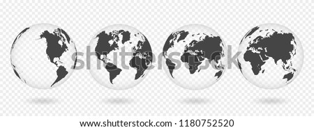 Set of transparent globes of Earth. Realistic world map in globe shape with transparent texture and shadow. Vector