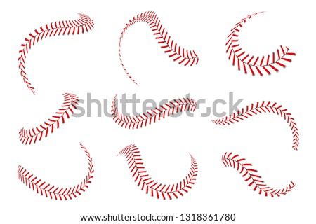 Baseball laces set. Baseball stitches with red threads. Sports graphic elements and seamless brushes. Red laces and stitches on white background