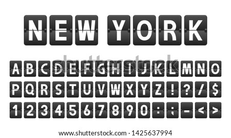 Creative font in airport board style, airline timeboard. Letters and numbers in vintage style, flip flap alphabet. Airport scoreboard, information panel, schedule. Vector