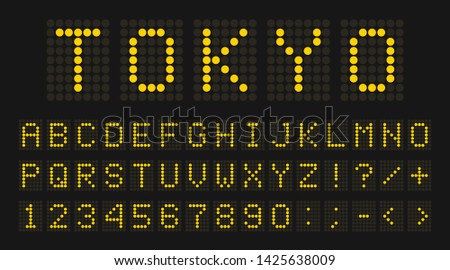 Led digital font, letters and numbers. English alphabet in digital screen style. Led digital board concept for airport, sport matches, billboards and advertising. Vector
