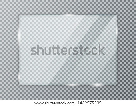 Glass plate on transparent background. Acrylic and glass texture with glares and light. Realistic transparent glass window in rectangle frame. Vector