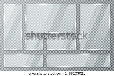 Glass plates set on transparent background. Acrylic and glass texture with glares and light. Realistic transparent glass window in rectangle frame. Vector ストックフォト © 