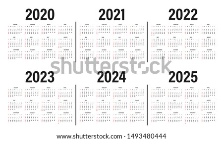 Calendar from 2020 to 2025 years template. Calendar mockup design in black and white colors, holidays in red colors, week starts on sunday. Vector
