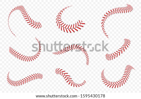 Baseball ball laces or seams set. Baseball stitches with red threads. Vector