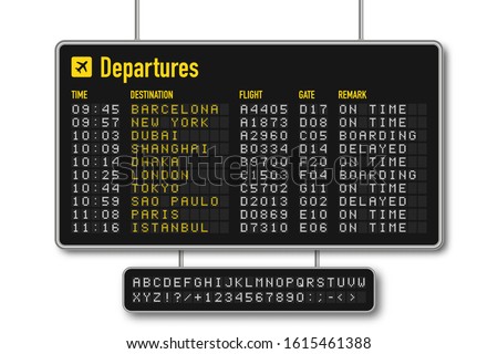 Departure and arrival board, airline scoreboard with digital led letters. Flight information display system in airport. Airport style alphabet with numbers. Vector