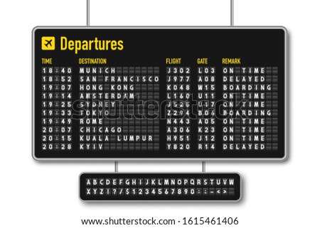 Departure and arrival board, airline scoreboard, mechanical split flap display. Flight information display system in airport. Airport style alphabet with numbers. Vector