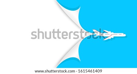 Travel and tourism background concept. Airplane is flying on blue background and pulling curled up paper corners. Flyer or banner design for travel agencies. Vector