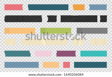 Adhesive tape, sticky paper stripes. Colorful stripes and pieces of duct paper, or washi paper. Transparent duct tape in different shapes. Vector