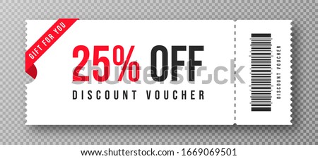 Discount voucher, gift coupon template with ruffle edges. White coupon mockup with 25 percent off. Vector