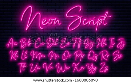 Glowing neon script alphabet. Neon font with uppercase and lowercase letters. Handwritten english alphabet with neon light effect. Vector