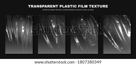 Transparent plastic film texture, stretchable polyethylene film, A4 size. Plastic stretch film effect with crumpled and wrinkled texture. Vector