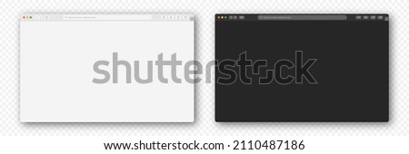 Browser window on transparent background. Empty web page, browser window mockup with toolbar. Browser window in dark and light mode. Vector