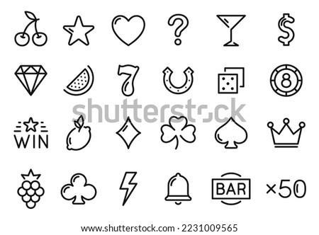 Casino line icons for slot machine. Set of outline gaming icons. Casino and gambling signs, fruits and online casino icons for slot machine bar. Vector