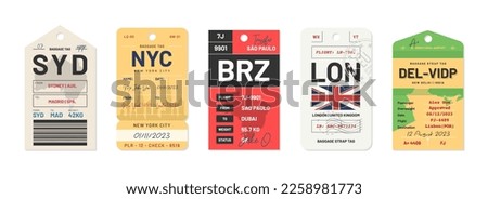 Baggage tags and travel tags. Luggage tags and labels for airport transportation industry. Set of luggage labels and stickers for travelers. Vector