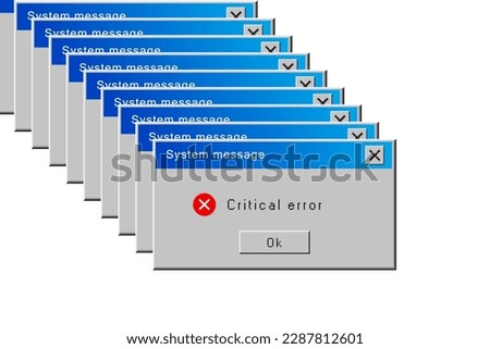 Critical error message. Retro operating system window with system message and alert about critical error. Old user interface 90s style.  Retro popup dialog box with error message. Vector