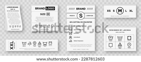 Laundry label collection with care symbols and washing instructions. Laundry care tags with washing, drying, bleaching, ironing and cleaning information. Vector