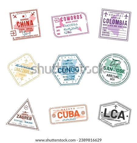 Set of travel visa stamps for passports. Abstract international and immigration office stamps. Arrival and departure customs visa stamps to country. Vector