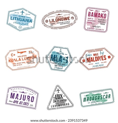 Set of travel visa stamps for passports. Abstract international and immigration office stamps. Arrival and departure customs visa stamps to country. Vector