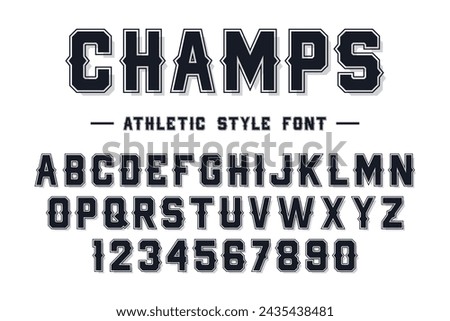 American college classic font. Vintage sports font in American style for T-shirt designs for football, baseball, and basketball teams. College, school and varsity style font, tackle twill. Vector