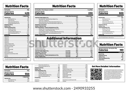 Nutrition Facts label template for food and beverages, showing daily values of calories, fat, carbohydrates, sugar, and vitamins. Nutrition Facts information for packaging. Vector illustration