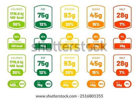 Nutrition Facts label template for food and beverages, showing daily values of calories, fat, protein, sugar, and salt. Nutrition Facts information tag for packaging. Vector