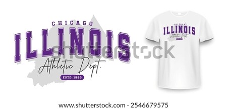 Chicago, Illinois t-shirt mockup design. Slogan t-shirt print design in American college style. Athletic typography for tee shirt print in university and college style. Vector