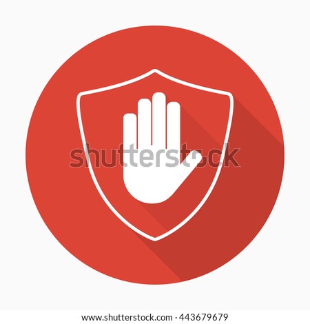 Shield with hand block icon in flat style with shadow. Stop hand red prohibition. Vector illustration