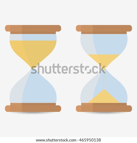 Two transparent sandglass, full and half empty. Simple set. Vector illustration