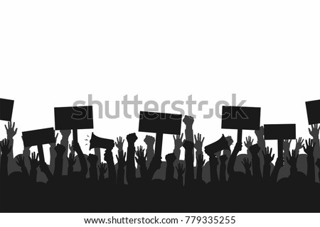 Crowd of protesters people. Silhouettes of people with banners and megaphones. Concept of revolution or protest. Vector