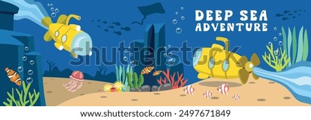 Submarine vector art. Deep sea illustration. Sea plants collection. Fish vector illustration. Submarine in the deep ocean. Nemo fish. Submarine underwater. Submarine ship. 