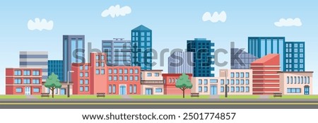 Urban city vector art. Urban cityscape vector stock. Apartment building landscape. School illustration. Urban city park building landscape.