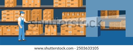 Night shift at warehouse. Warehouse activity. Logistics distribution service. Warehouse storage. Warehouse worker last checking storehouse. Night shift work.