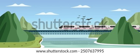 Train on the bridge illustration. Subway through the hill. Train on mountain vector art. Train on bridge over sea. Train on railway. Public transportation. Subway panorama. Tram and river view,